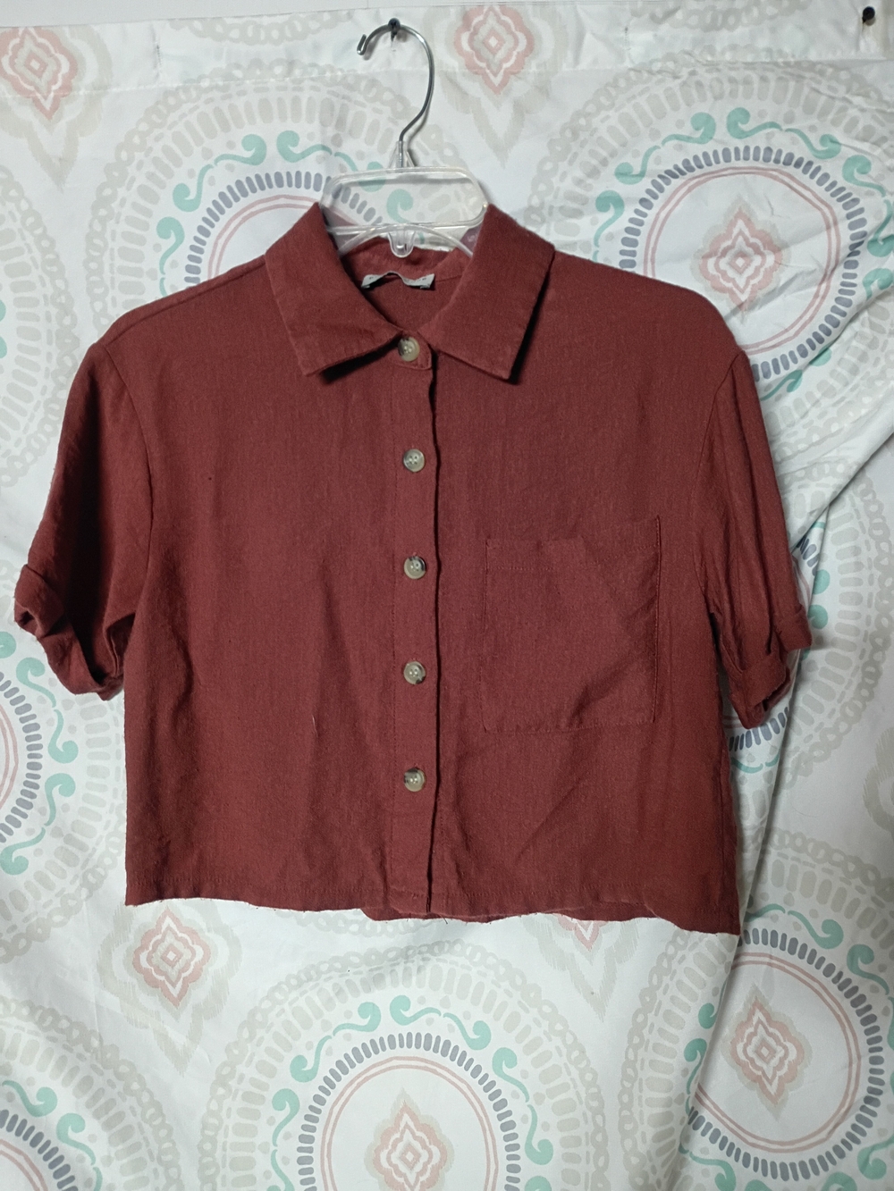 Paper Crane Brick Red Cropped Button-Down Short Sleeve Shirt